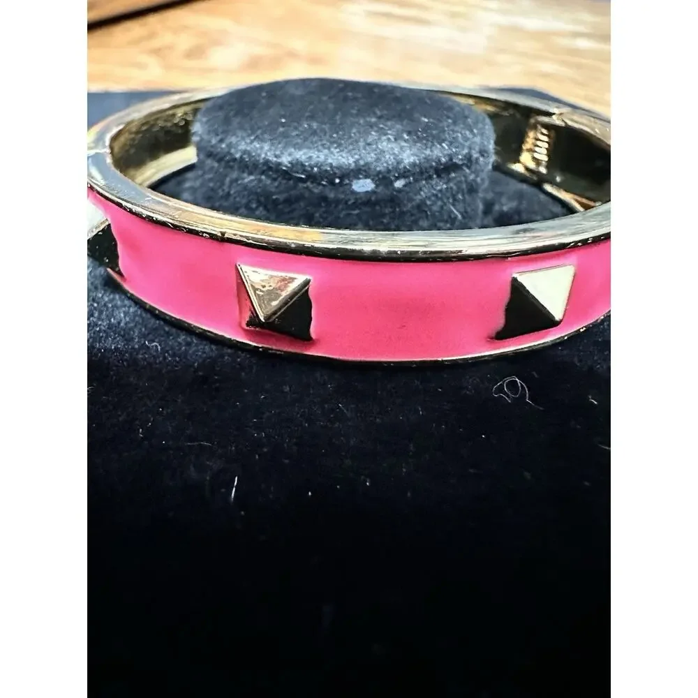 Sequin Nordstrom Pink Gold Tone Statement Enamel Bangle Hinge Bracelet # 88